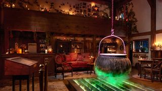hocus pocus airbnb living room with cauldron