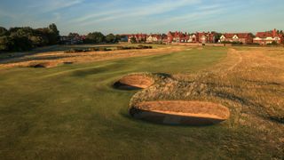 A view of the approach to the green on the par 4, second hole for the 2023 Open Championship (plays as the 18th hole for the club routing) at Royal Liverpool Golf Club