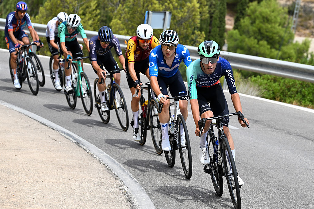 ARAMON VALDELINARES, SPAIN - AUGUST 29: (L-R) Raul Garcia Pierna of Spain and Movistar Team and Leo Bisiaux of France and Team Decathlon CMA CGM attack during the La Vuelta - 81st Tour of Spain 2026, Stage 7 a 149.48m stage from Vall d&amp;amp;apos;Alba to Aramon Valdelinares 1965m / #UCIWT / on August 29, 2026 in Aramon Valdelinares, Spain. (Photo by Tim de Waele/Getty Images)
