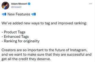 Adam Mosseri's tweet announcing Instagram's new changes