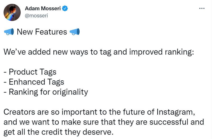 Adam Mosseri's tweet announcing Instagram's new changes