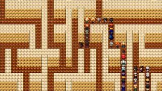 A huge adventuring party traverses a maze in single file