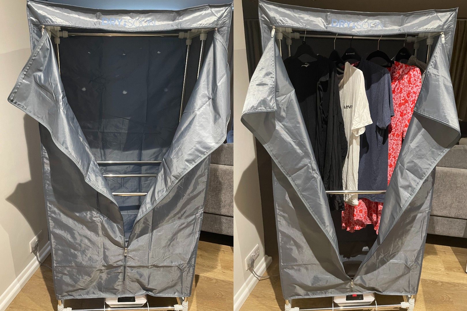 Lakeland covered heated clothes airer during testing seen first empty then filled with clothes