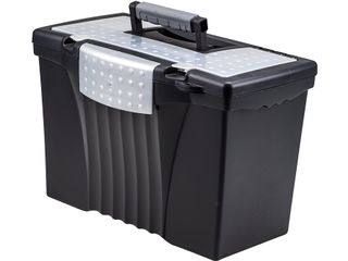 black plastic file box with lid compartments and handle