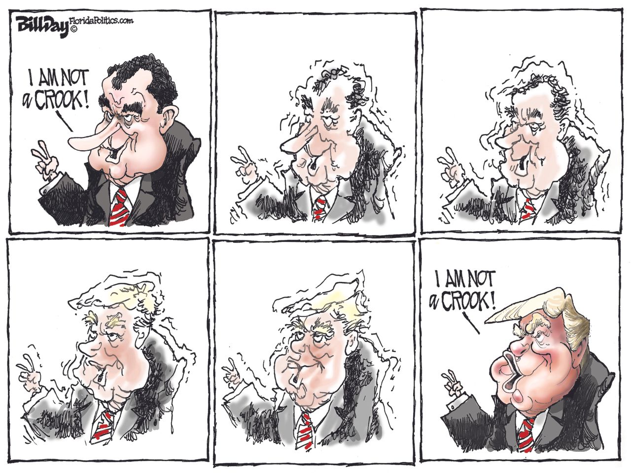 Political cartoon U.S. Trump Nixon I am not a crook Mueller investigation collusion