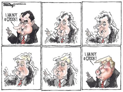 Political cartoon U.S. Trump Nixon I am not a crook Mueller investigation collusion