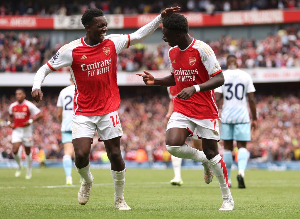 Crystal Palace vs Arsenal live stream Bukayo Saka of Arsenal celebrates after scoring the team&#039;s second goal with team mate Eddie Nketiah of Arsenal during the Premier League match between Arsenal FC and Nottingham Forest at Emirates Stadium on August 12, 2023 in London, England. (Photo by Julian Finney/Getty Images)