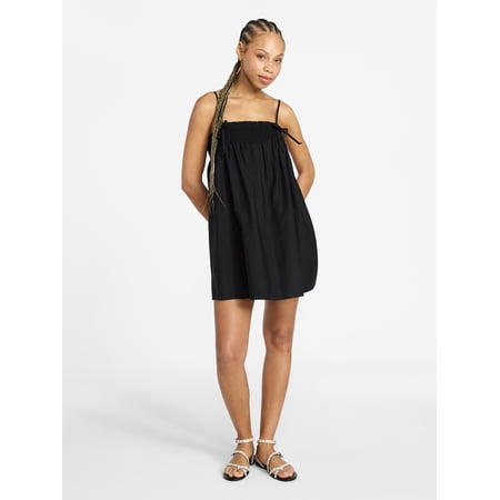 No Boundaries Cotton Poplin Smocked Mini Dress With Tie Straps, Women's Xxs-Xxl