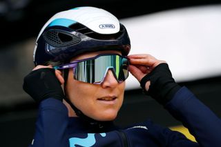 OUDENAARDE BELGIUM APRIL 03 Annemiek Van Vleuten of Netherlands and Movistar Team puts on his 100 sunglasses during the team presentation prior to the 19th Ronde van Vlaanderen Tour des Flandres 2022 Womens Elite a 1586km one day race from Oudenaarde to Oudenaarde RVV22 RVVwomen on April 03 2022 in Oudenaarde Belgium Photo by Bas CzerwinskiGetty Images
