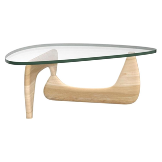 A triangular glass table with wood accents