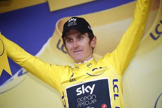 Geraint Thomas (Sky) stays in yellow after the climb to Geraint Thomas (Sky) finishes third on the Col du Portet, stage 17