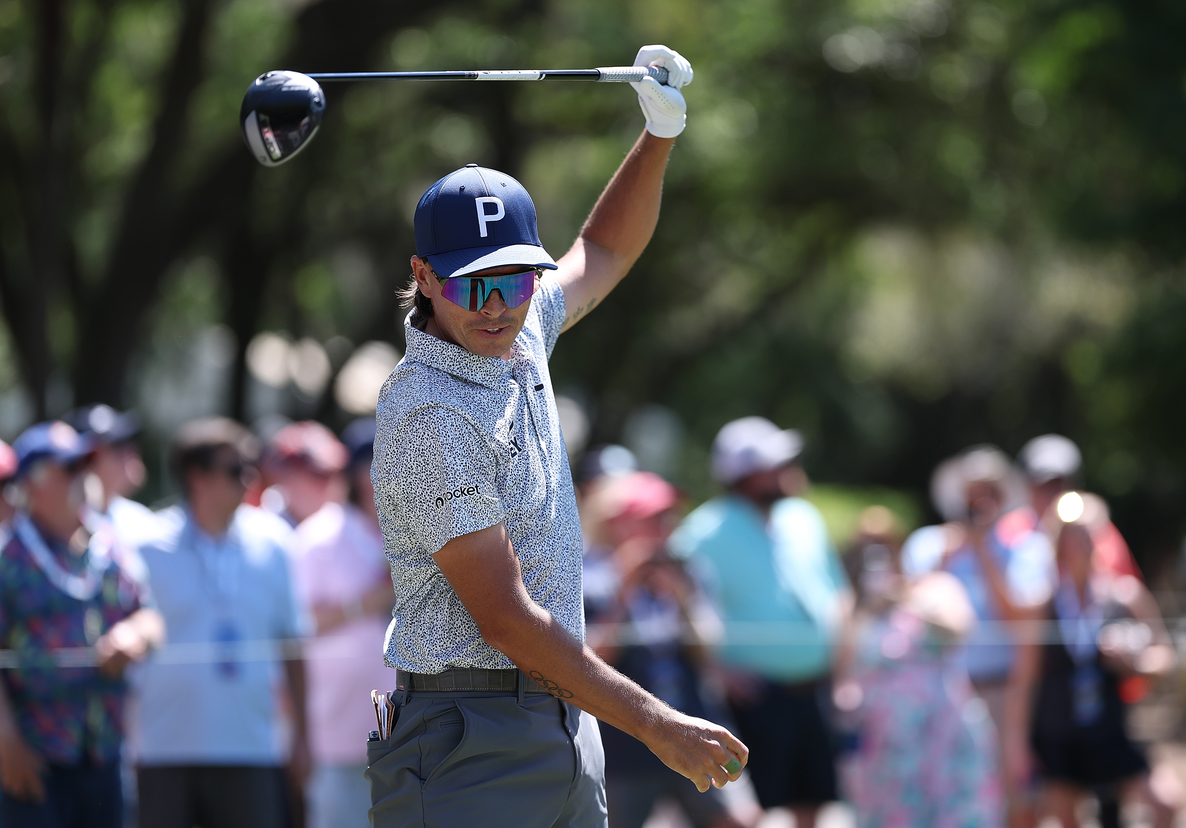 Rickie Fowler reacts after teeing off the ninth hole prior to the RBC Heritage 2026 at Harbour Town Golf Links