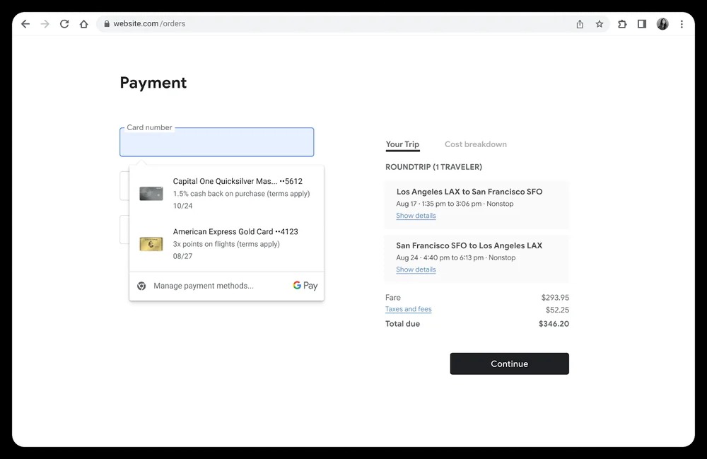 Google Pay showing card benefits upon checkout