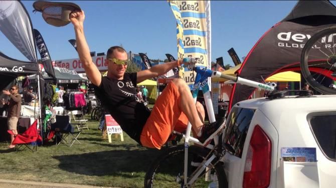 Macky Franklin testing out the SeaSucker bike rack - being a pro is hard work