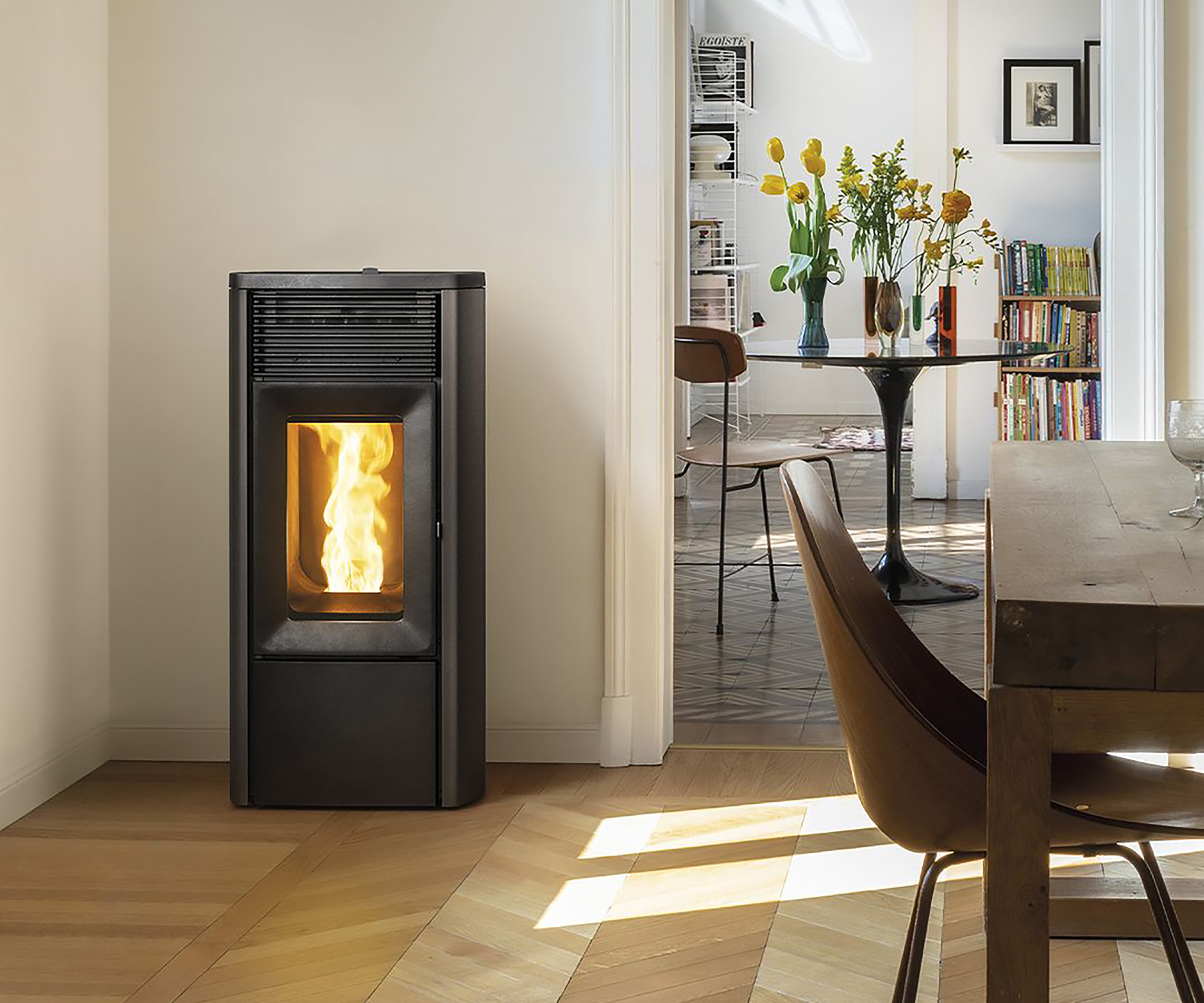 black wood pellet stove in dining room