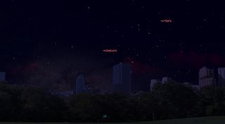 This sky map shows the location of Mars in the southeastern sky at 9 p.m. local time on May 30, 2016, when the planet will be at its closest to Earth in 11 years. Saturn will also be visible nearby, weather permitting.