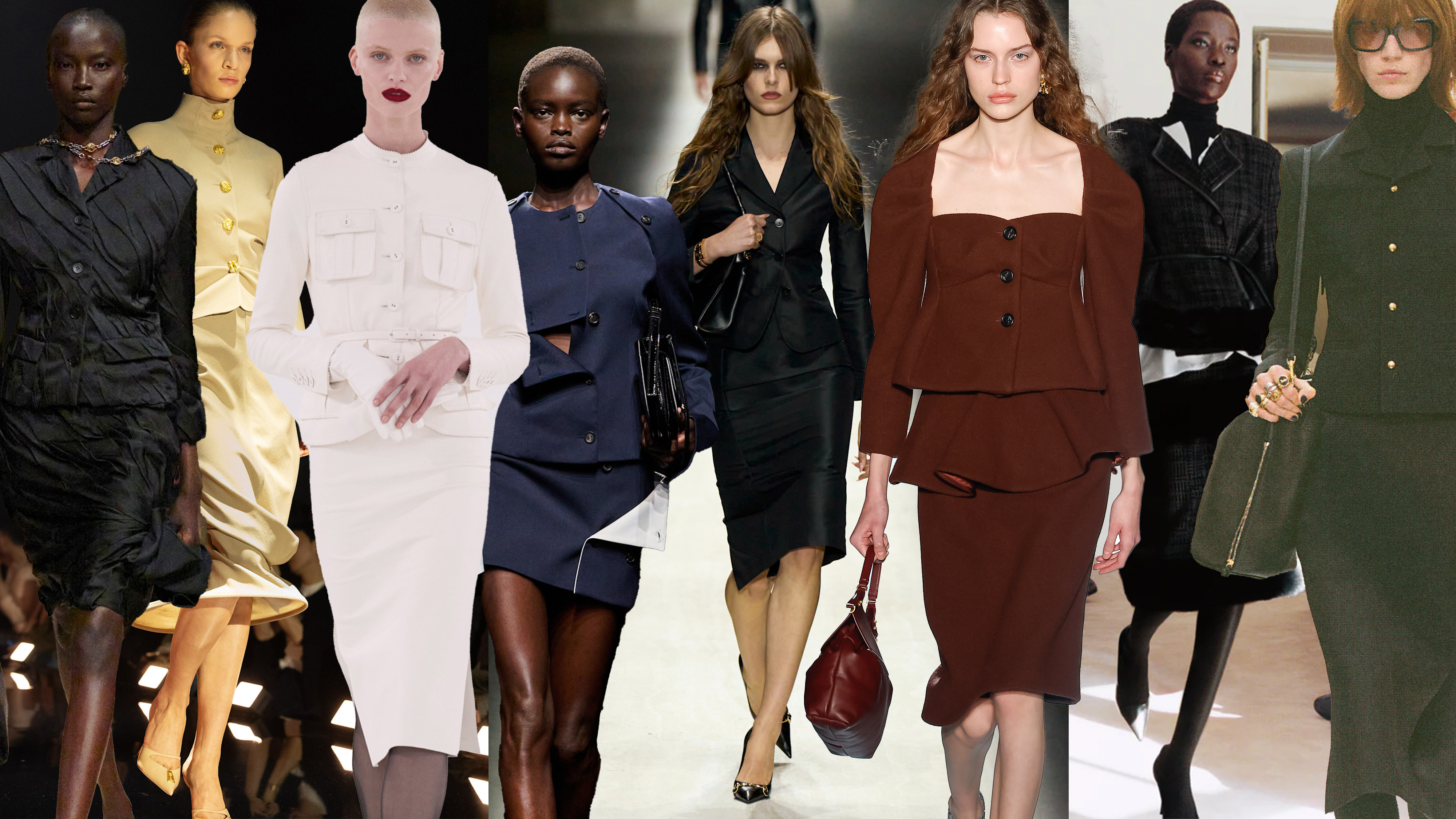A collage of models wearing skirt suits from the S/S 26 and F/W 26 runway collections.