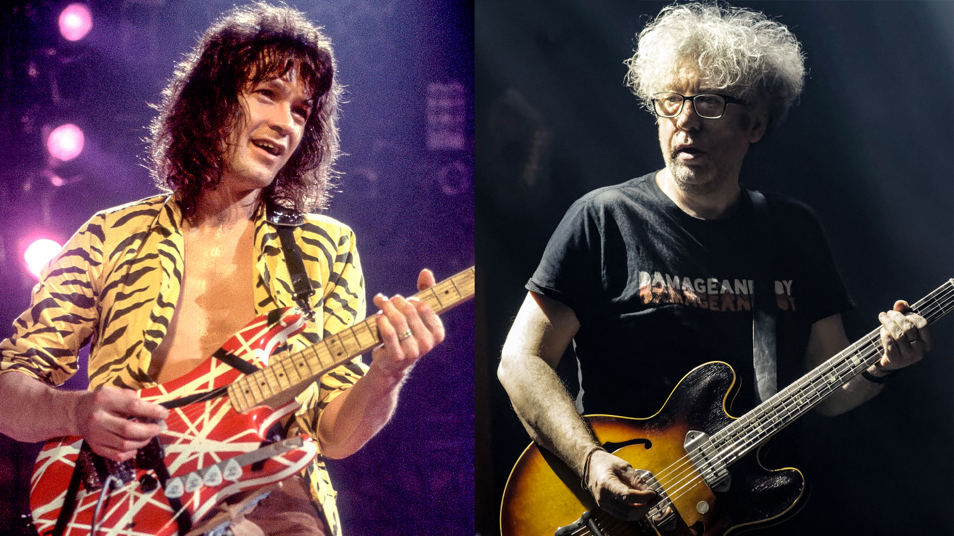 LEFT: Eddie Van Halen onstage, January 18, 1984. RIGHT: William Reid of The Jesus and Mary Chain performs at Aeronef on June 2, 2018 in Lille, France. 