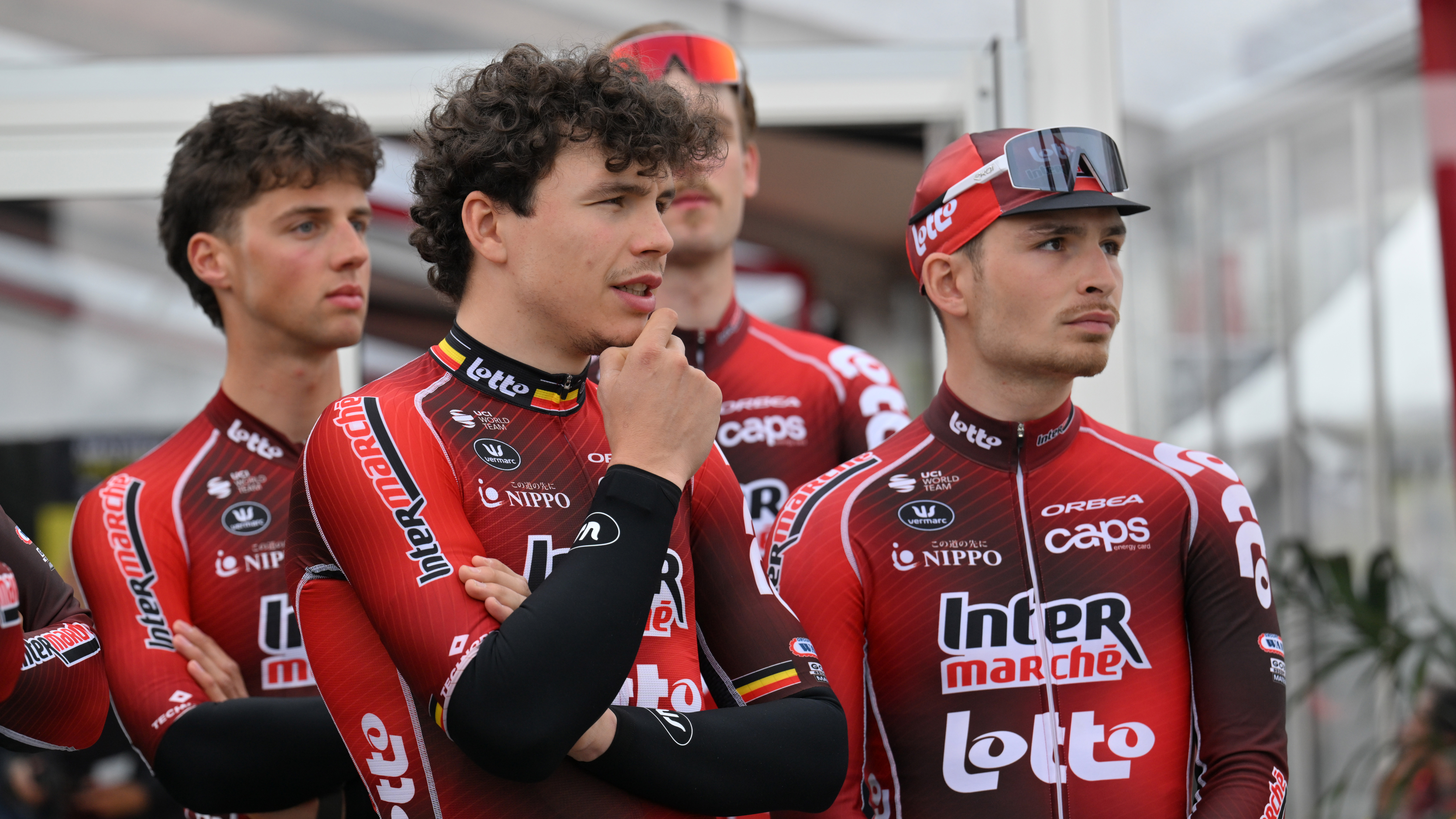 Arnaud De Lie of Belgium and Matys Grisel of France from Team Lotto-Intermarche 