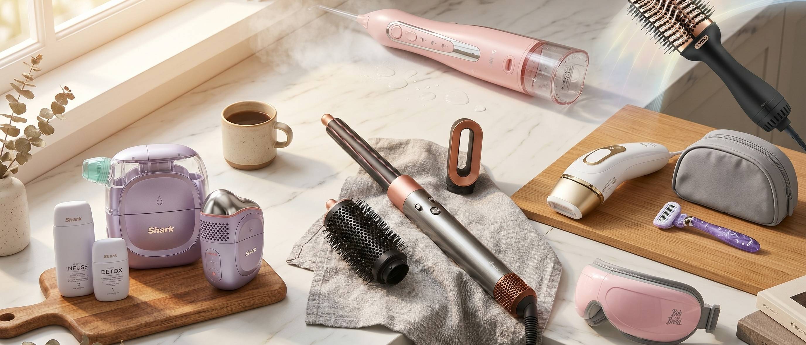 Beauty tech products from Dyson, Coslus, Shark, Braun, Tymo, Bob & Brad