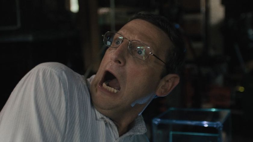 Ron screaming at Dog Owner jump scare in The Chair Company finale