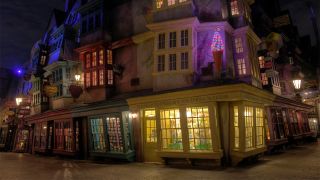A shot of Florean Fortescue's Ice-Cream Parlour at night in Diagon Alley.