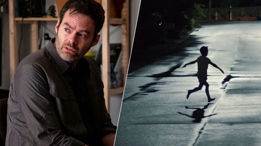 Bill Hader as Barry next to a kid running down the street in Weapons
