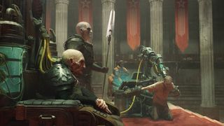 Afterworld concept art showing an ancient tyrant in a throne with a guard nearby while a civilian is being tortured in a machine