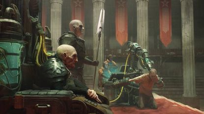Afterworld concept art showing an ancient tyrant in a throne with a guard nearby while a civilian is being tortured in a machine