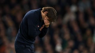 Tottenham manager Antonio Conte shows his frustration during the 2-1 loss to Liverpool.