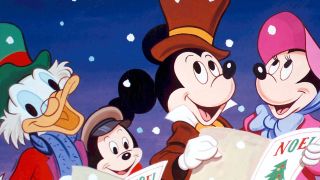Mickey caroling with others