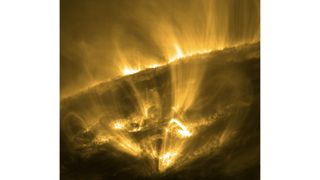 A closeup of the sun's fiery yellow atmosphere