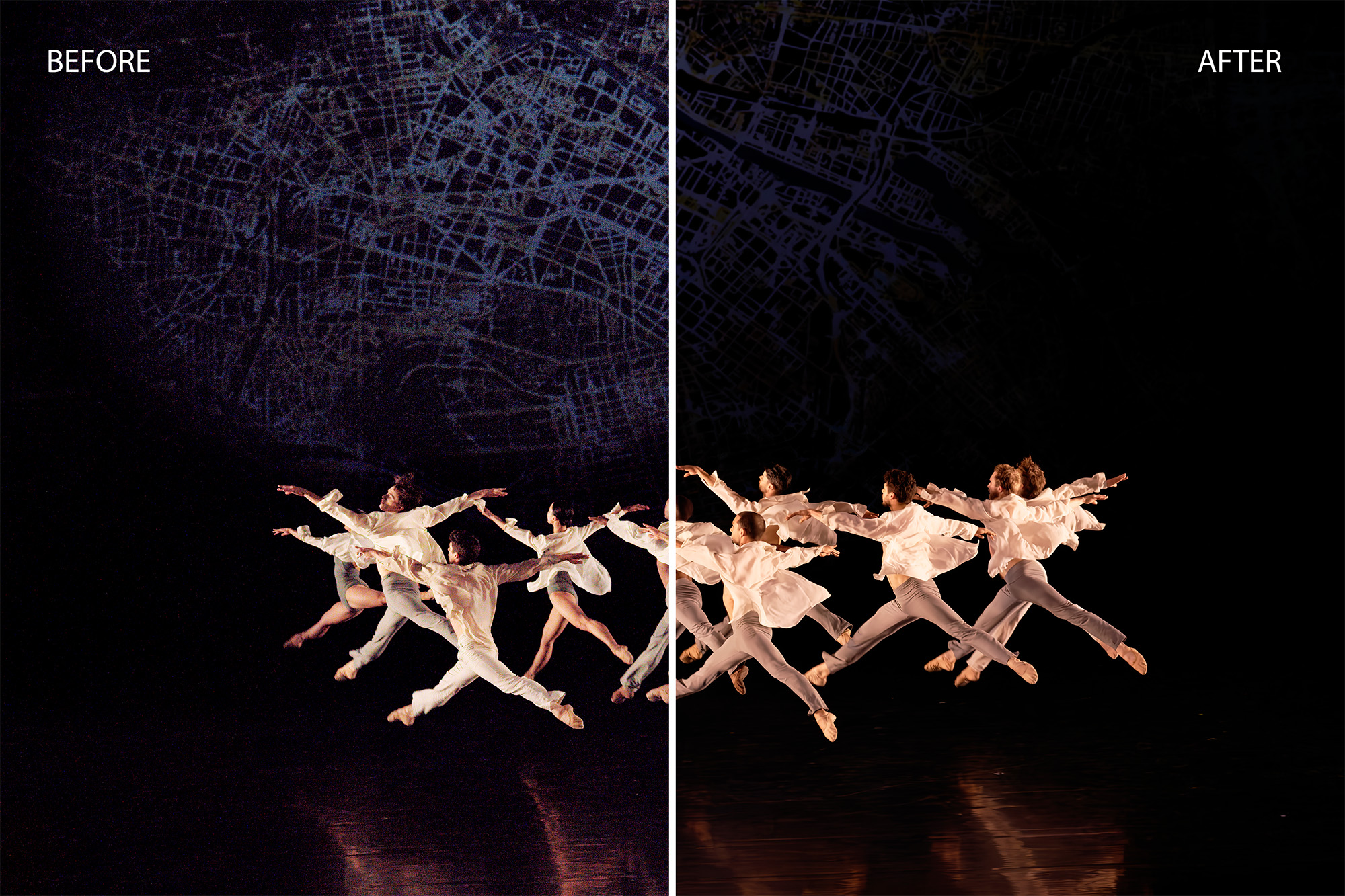 Image of dancers performing in low-light conditions, edited in DxO PureRAW 5 showing before and after sharpening, demosaicing, and noise reduction