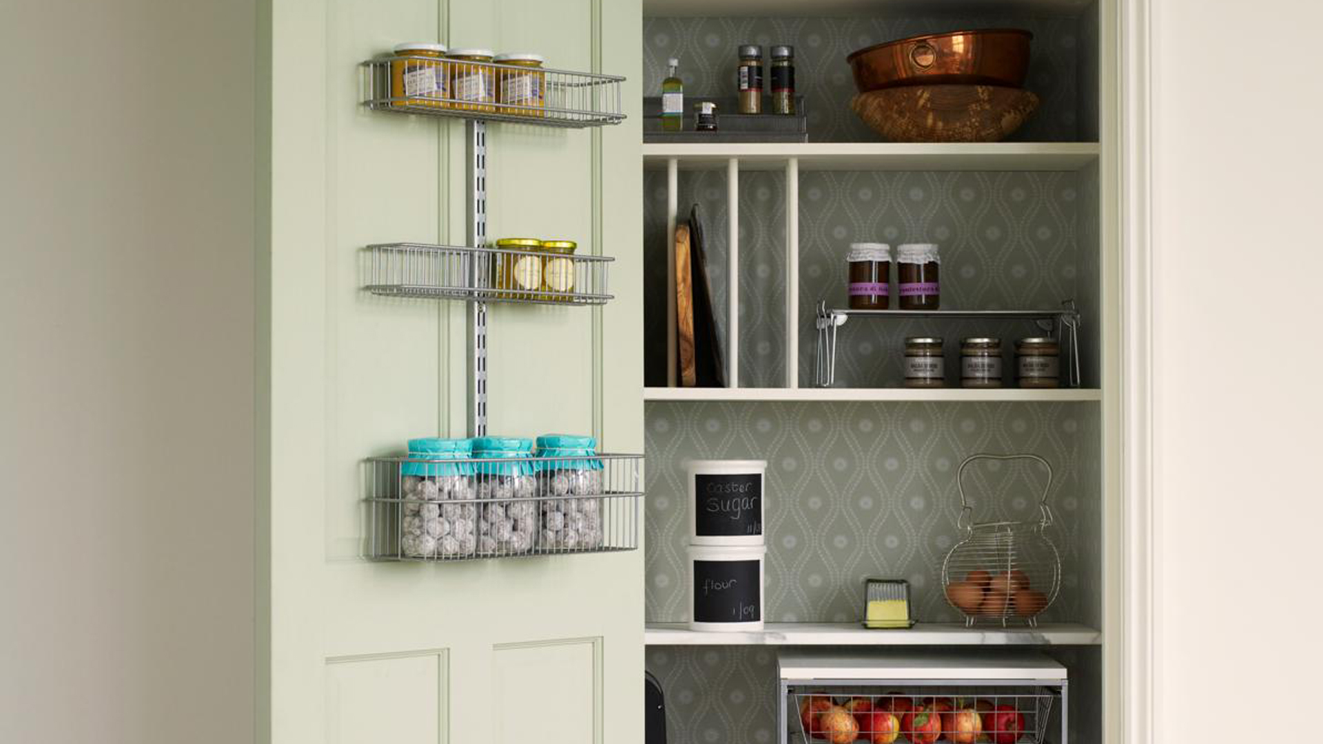 kitchen pantry cupboard with wire rack on the door for spices