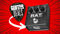 A ProCo Rat 2 distortion pedal on a red background with the Guitar World deals logo