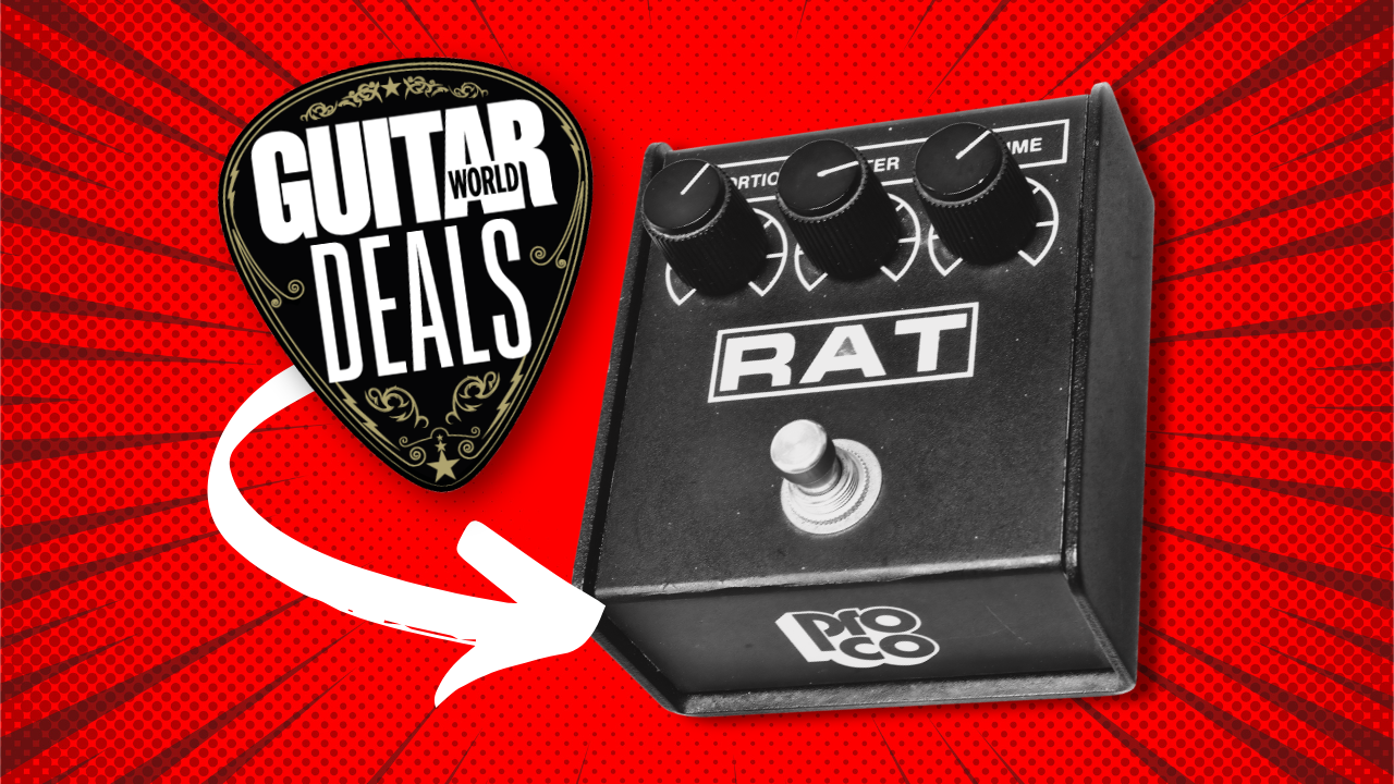 A ProCo Rat 2 distortion pedal on a red background with the Guitar World deals logo