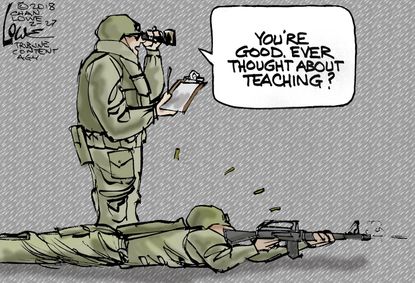 Political cartoon U.S. Arming teachers military soldiers