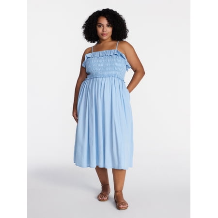 Time and Tru Women's Sleeveless Smocked Midi Dress, Sizes Xs-Xxxl