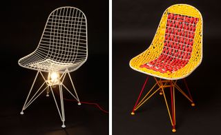 Bulb lit chair on left, rope decorated chair on right