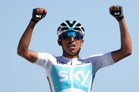 Egan Bernal (Team Sky) is delighted to take the win at Gibraltar Road on stage 2 of the 2018 Tour of California