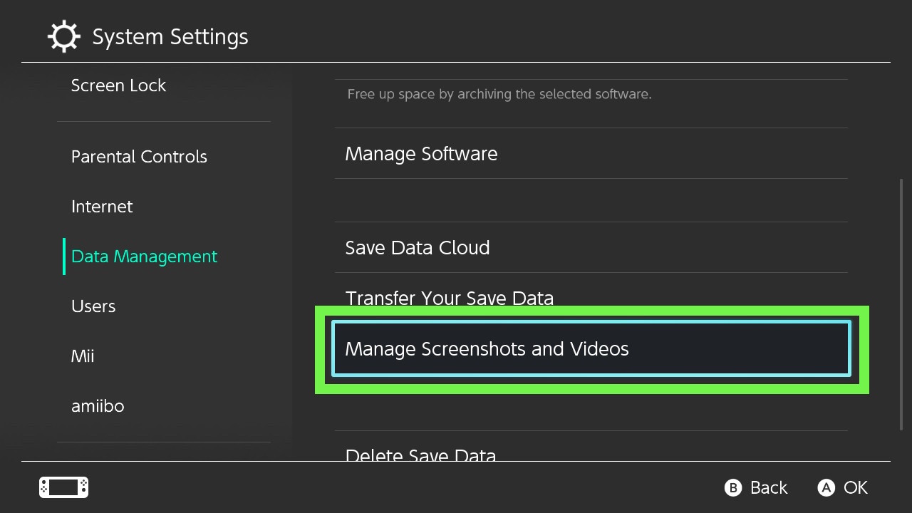how to send nintendo switch screenshots to your computer - select manage screenshots