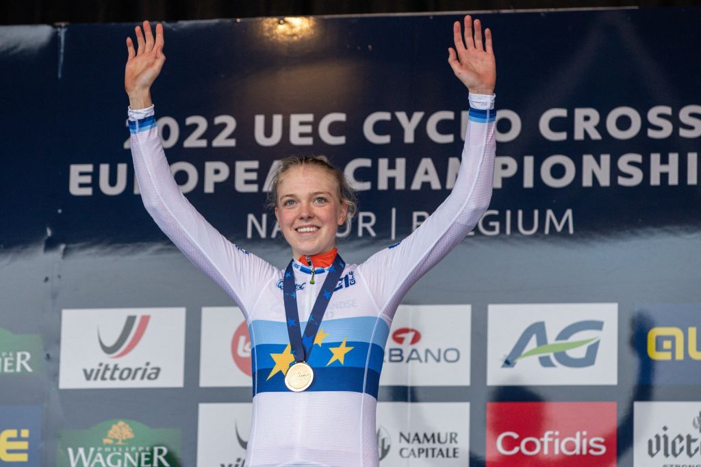 Dutch Fem Van Empel winner of the gold medal celebrates on the podium of the women elite race at the European Championships cyclocross cycling Saturday 05 November 2022 in Namur Belgium BELGA PHOTO DAVID PINTENS Photo by DAVID PINTENS BELGA MAG Belga via AFP Photo by DAVID PINTENSBELGA MAGAFP via Getty Images