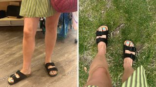 two side by side images, both wearing black hush puppies sandals