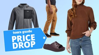 Compilation image featuring apparel from Under Armour, Levi&#039;s, Crocs, Amazon Essentials