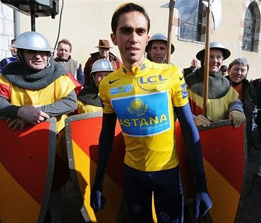 Alberto Contador (Astana) in yellow after the stage one time trial.