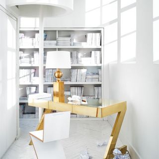 study room with white walls and white wooden book shelves