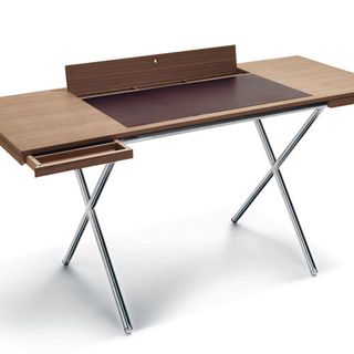 standing wooden desk with white background