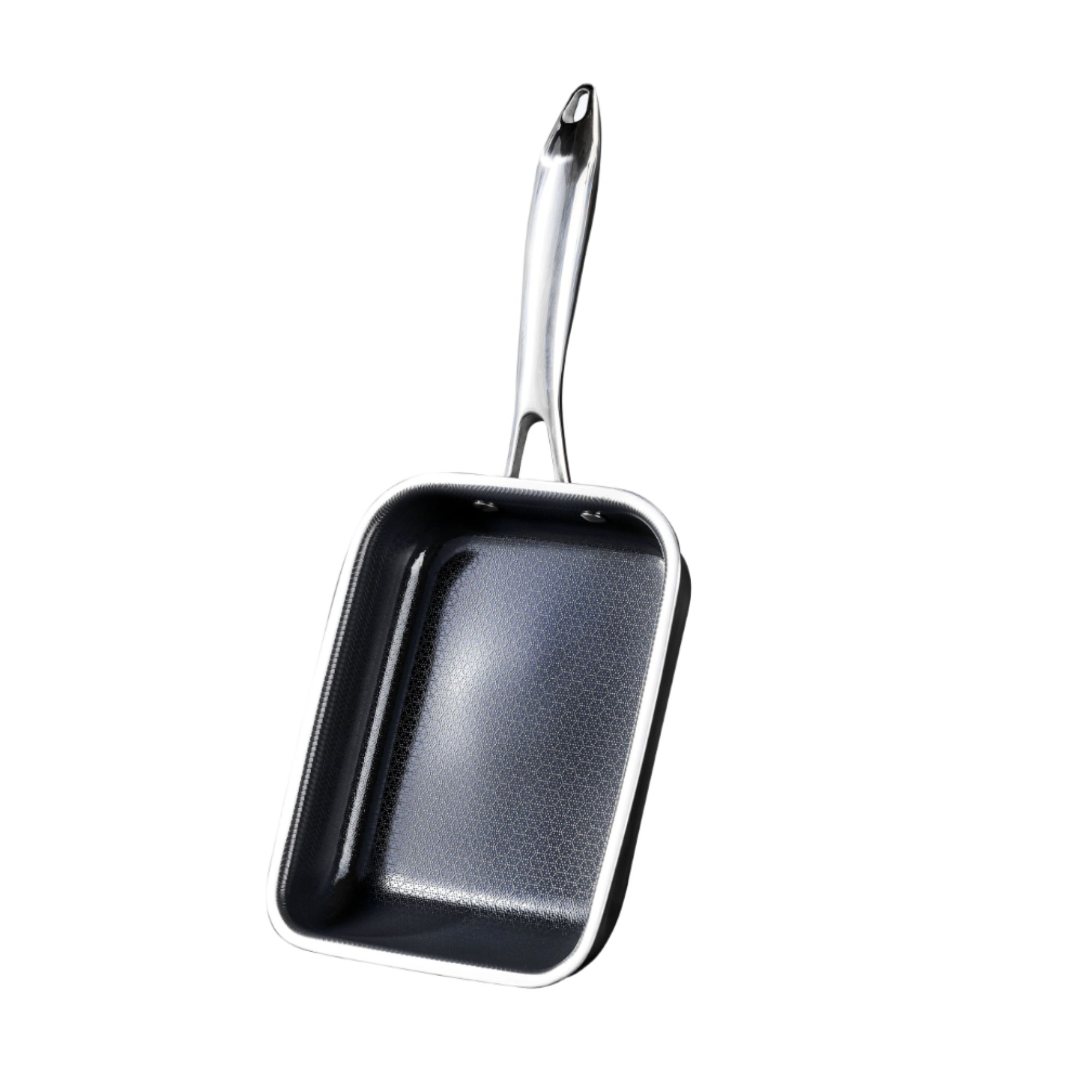 A square shaped non-stick frying pan, with a silver handle.