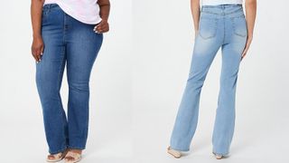 two women wearing two different washes of blue jeans aimed at curvy women