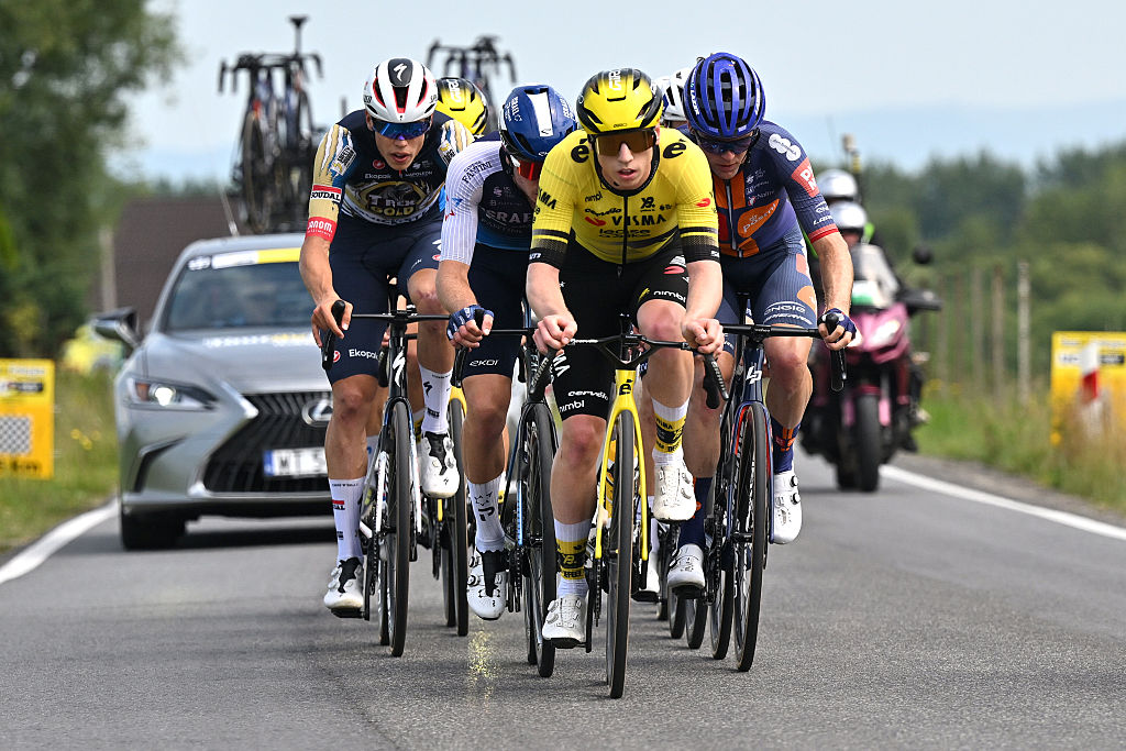 BUKOWINA TATRZANSKA, POLAND - AUGUST 09: (L-R) Paul Magnier of France and Team Soudal Quick-Step and Matthew Brennan of Great Britain and Team Visma | Lease a Bike compete in the breakaway during the 82nd Tour de Pologne 2025, Stage 6 a 147.5km stage from Bukowina Resort to Bukowina Tatrzanska 943m / #UCIWT / on August 09, 2025 in Bukowina Tatrzanska, Poland. (Photo by Luc Claessen/Getty Images)